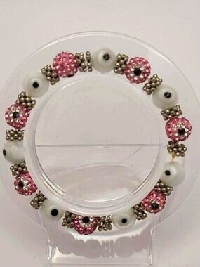Pink Jeweled Evil Eye White Bead Stretch Bracelet